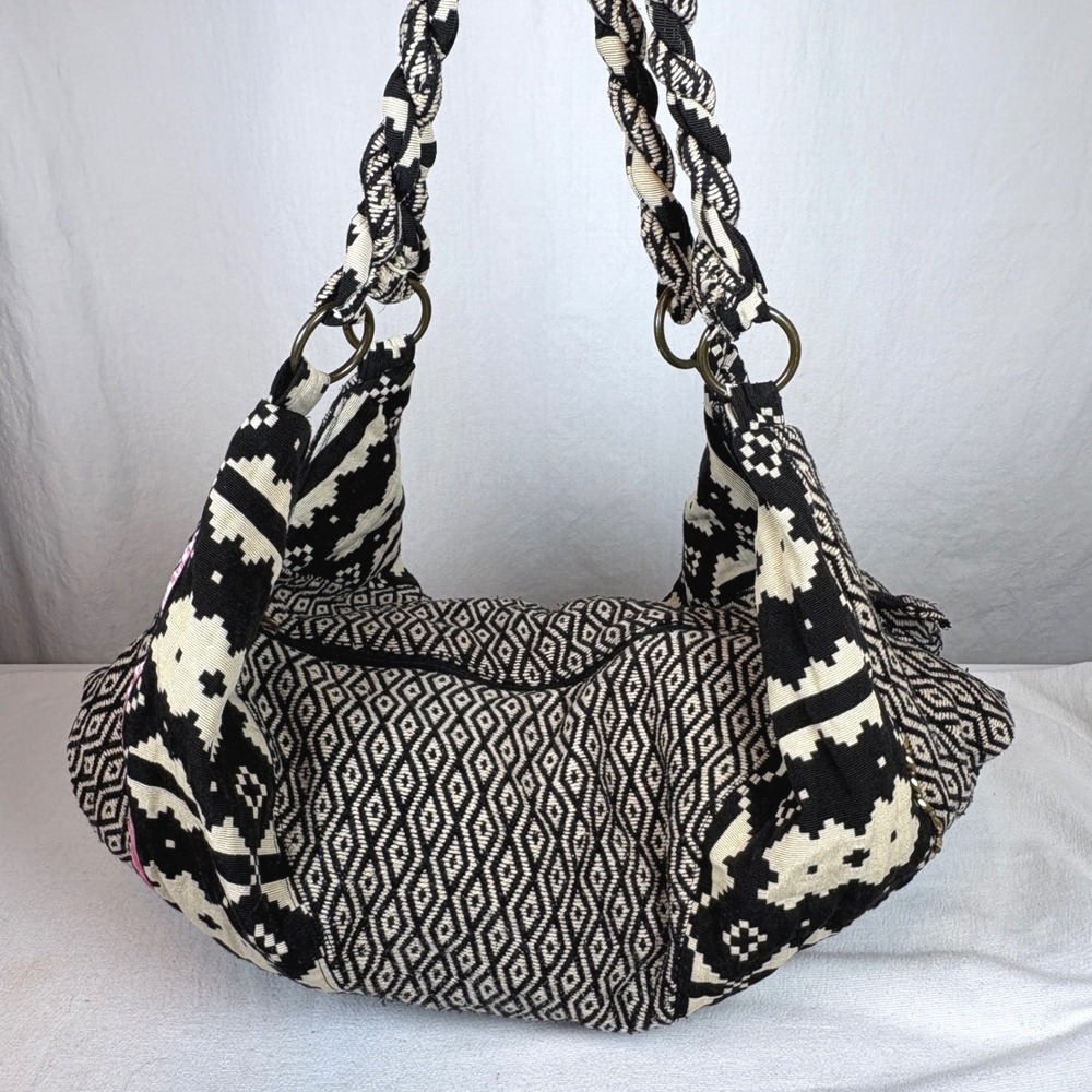 Stela 9 Shiva Boho Hobo Bag Geometric Black Ivory Braided Handle Shoulder Bag - Picture 3 of 16